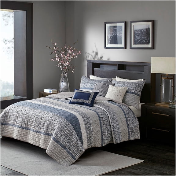 JERFIT 6-Piece Reversible Jacquard Bedding Set, Navy Blue & Grey Striped Comforter with Decorative Pillows, Full/Queen, Hypoallergenic Cotton Blend