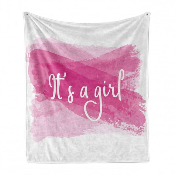 Gender Reveal Soft Flannel Fleece Throw Blanket, Girls Baby Shower Family New Member Style Soft Sketch Print, Cozy Plush for Indoor and Outdoor Use, 50" x 70", Hot Pink and White, by Ambesonne