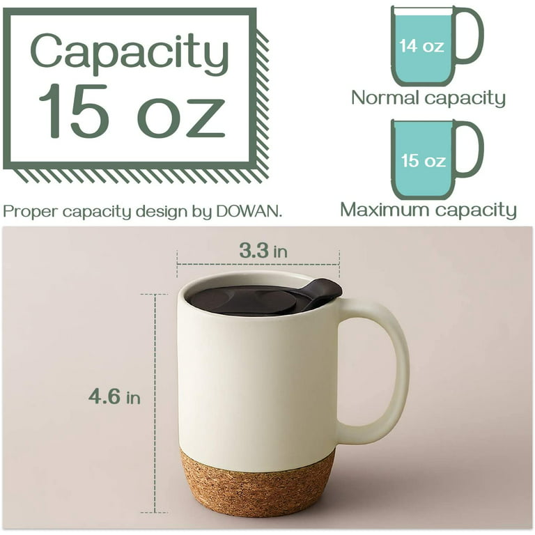 DOWAN Coffee Mugs Set of 2, 15 OZ Ceramic Mug with Insulated Cork Bottom  and Splash Proof Lid, Large Coffee Mug with Handle for Men, Women, Beige