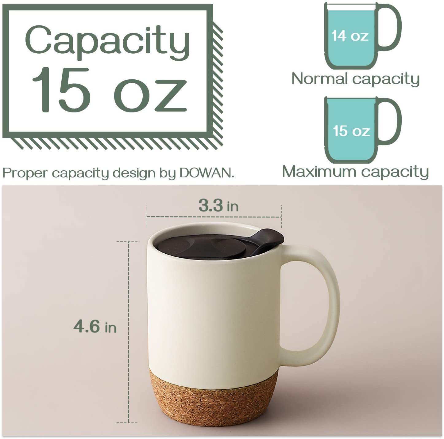 DOWAN Coffee Mugs Set of 2, 15 OZ Ceramic Mug with Insulated Cork Bottom and Splash Proof Lid, Large Coffee Mug with Handle for Men, Women, Beige - image 3 of 7