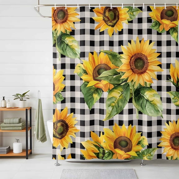 Shower Curtains for Bathroom, Sunflower Black Check Waterproof Fabric Shower Curtain, Spring Summer Flowers Botanical Decorative Bathroom Curtain for Bathtub, 66"x72", No Hooks Included