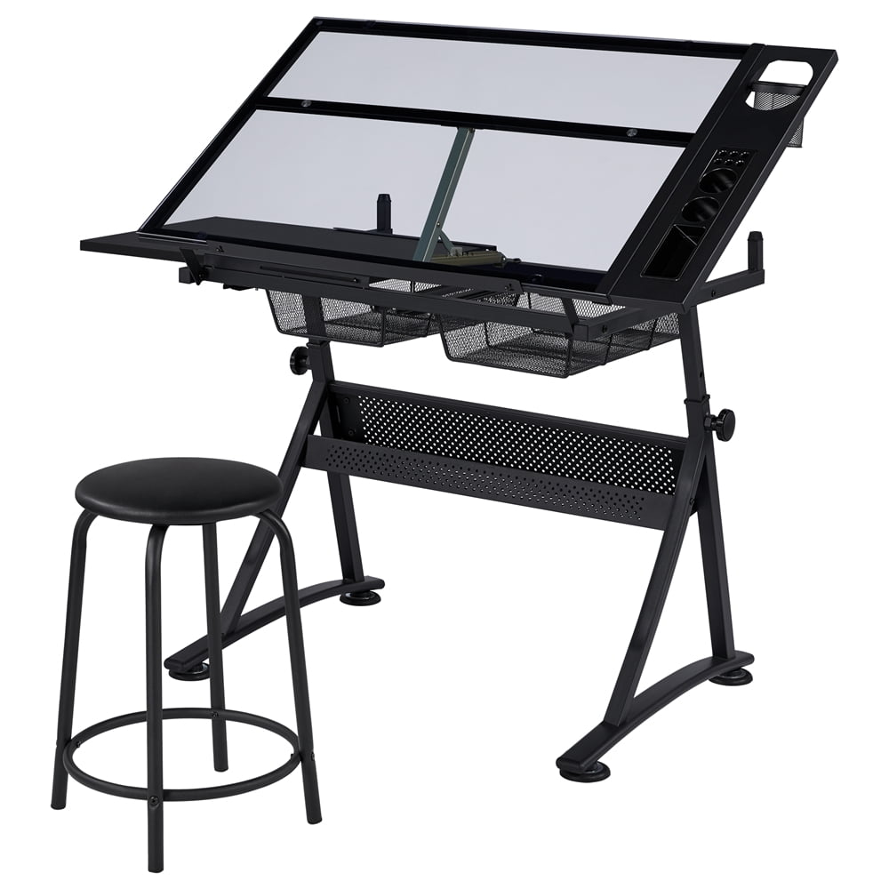 Drawing Drafting Table Craft Versatile Desk Tabletop Tilted Adjustable Folding/Extended Board Artist Desk,w/Stool,2 Storage Drawers,Shelf Storage Slot,Glass/Black Pen Holder