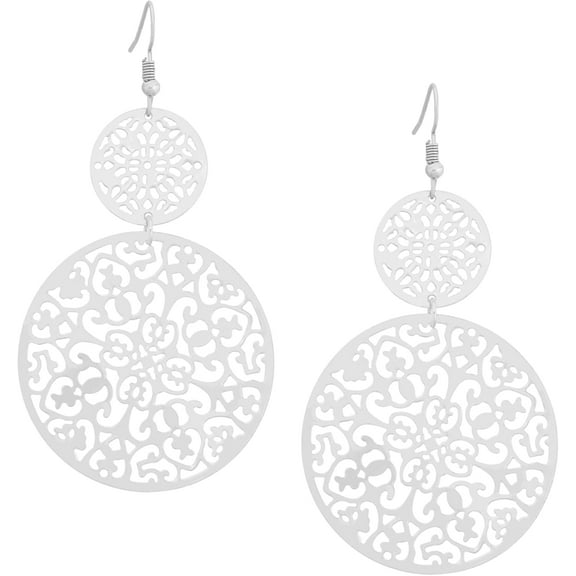 Silver Tone Filigree Round Disc Dangle Drop Earrings, Vintage Fashion Statement Jewelry Gift for Women