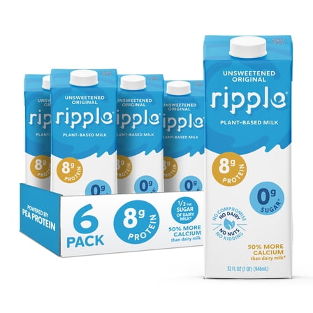 Ripple Unsweetened Original Non-Dairy Milks | Vegan Milk with 8g Pea Protein | Shelf Stable | Non-GMO. Plant Based, Gluten Free | (32 Fl Oz (Pack of 6), Unsweetened Original)