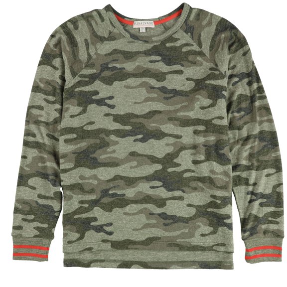 P.J. Salvage Womens Camo Split Hem Pajama Sweater, Green, Small
