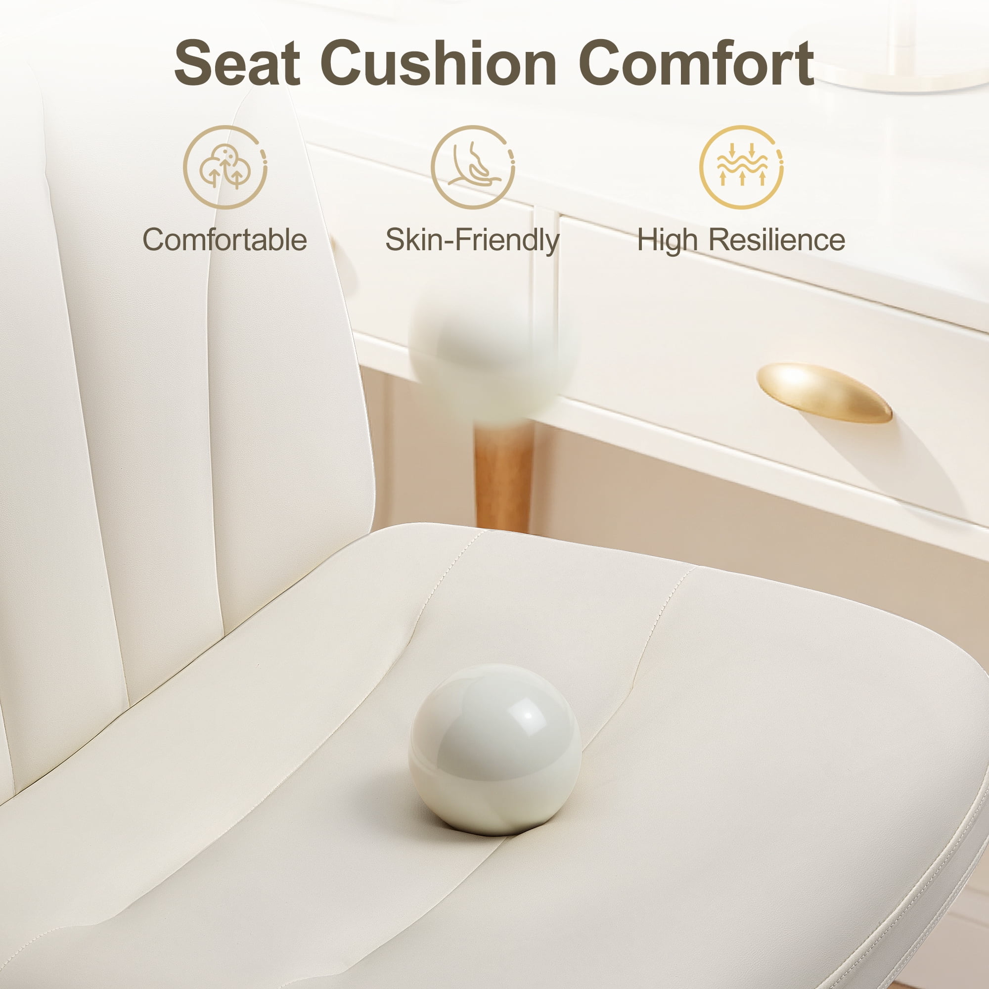 COOLHUT Cross Legged Office Chair with Wheels Armless-Office Desk Chair, Modern Vanity Computer Task Chairs for Home Bedroom, Comfortable Wide Seat for Lower Back Pain Relief, PU Leather, Beige