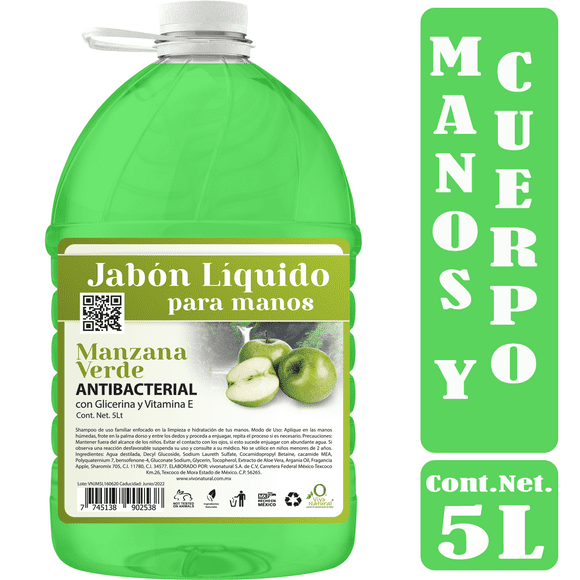 jabón líquido antibacterial para manos y cuerpo vivonatural aroma manzana verde 5 litros