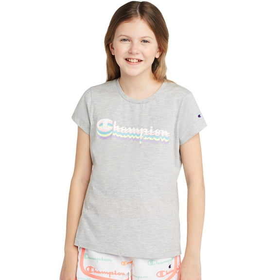 Champion Girls Short-Sleeve Multi-Color Shadow Script Tee (Grey, Large, L)