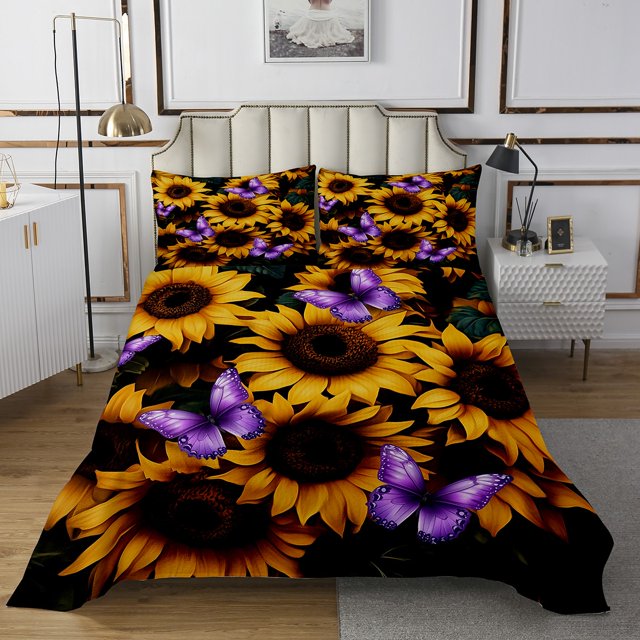 Erosebridal Flying Butterfly Coverlet Set King,Spring Garden Bedding Set,Flower Room Decor,Breathable,3pcs