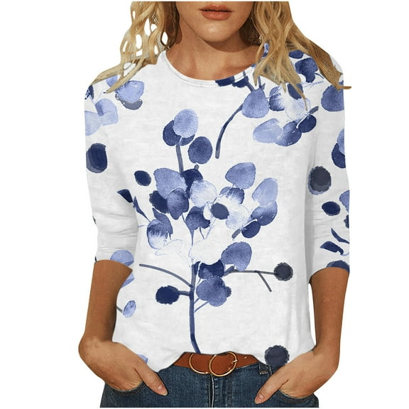 BangWanChi 3/4 Length Sleeve Womens Tops Women's Fashion Printed T-shirt 3/4 Sleeves Blouse Round Neck Casual Tops