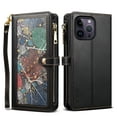 thumbnail image 2 of ELEHOLD Zipper Wallet Case for iPhone 15 Pro Max, Special Leaf Pattern with Card Holders Zipper Pocket Kickstand Detachable Shoulder Strap Handstrap Shockproof Case for iPhone 15 Pro Max,Black, 2 of 13