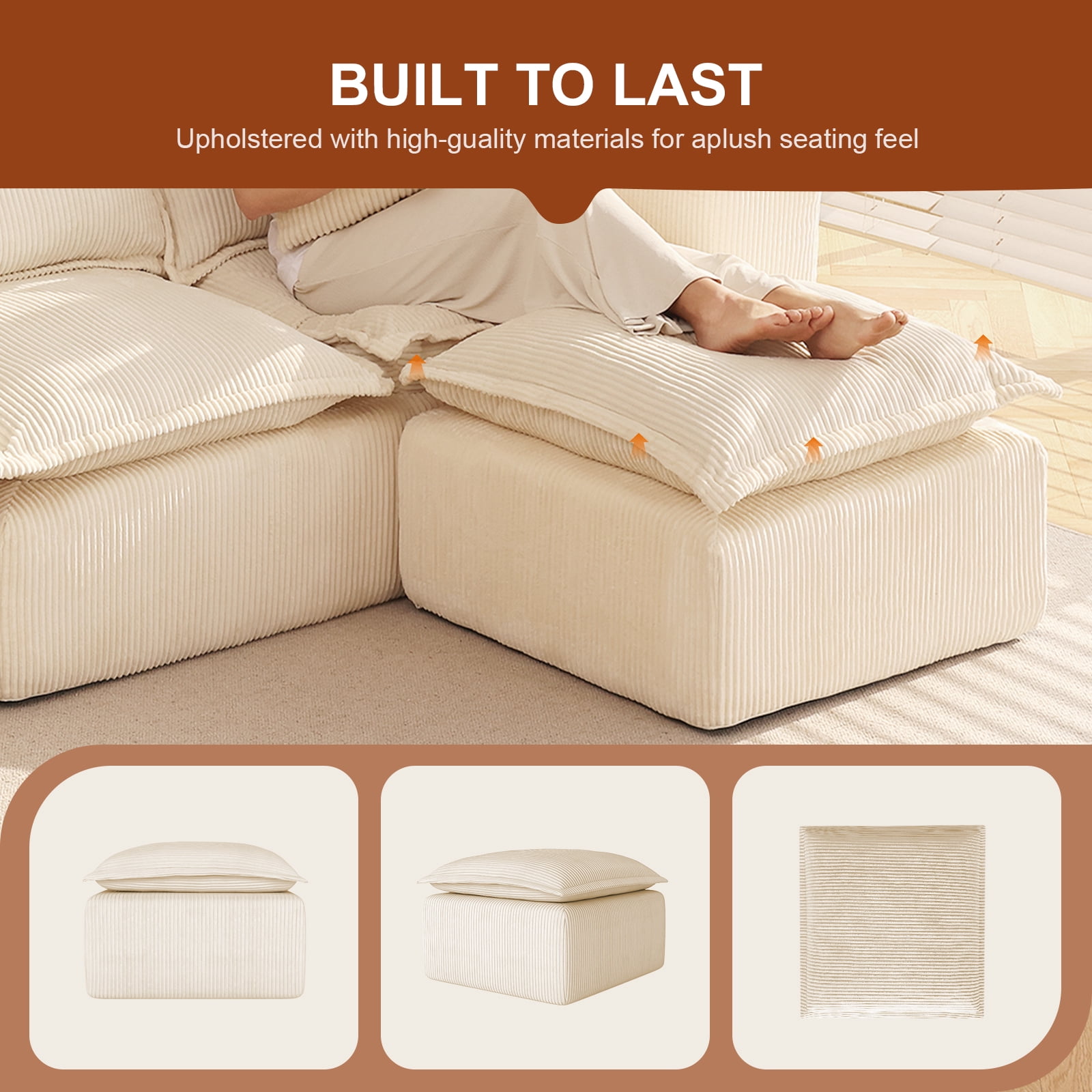 Corduroy Ottoman Pouf for Modular Sectional Sofa Upholstered Footrest Stool for Living Room Beige