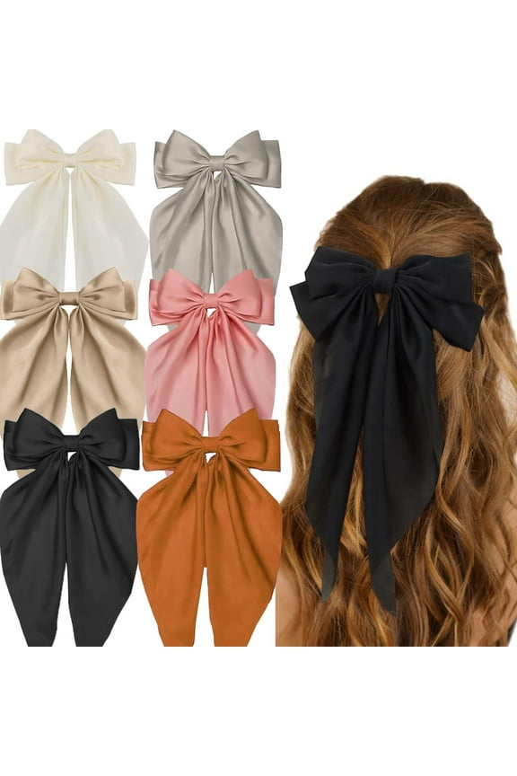 Hair Bow Silky Satin Hair Bows for Women 6Pcs Large Hair Ribbons Oversized Long Tail Bow Hair Clips Barrettes Metal Clips Bowknot Girls Hair Accessories