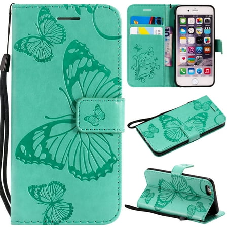 iPhone 6/6S Wallet case, Allytech Pretty Retro Embossed Butterfly Flower Design Pu Leather Book Style Wallet Flip Case Cover for Apple iPhone 6 and iPhone 6S, Green