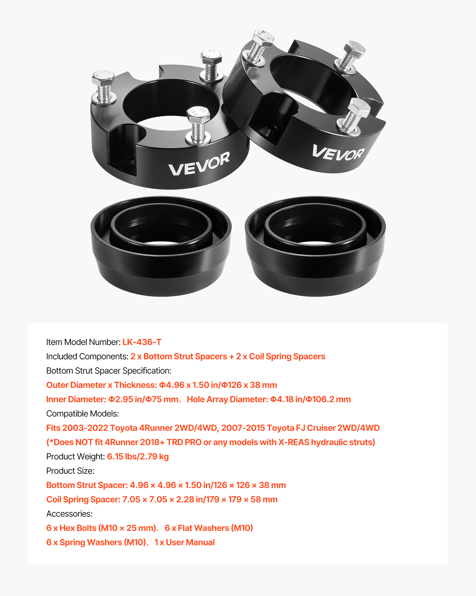 VEVOR 3 Inch Front and 2 Inch Rear Leveling Lift Kit for 2003-2022 Toyota 4Runner 2WD/4WD, 2007-2015 Toyota FJ Cruiser 2WD/4WD,Chassis Level Kit with 2 Bottom Strut Spacers and 2 Coil Spring Spacers