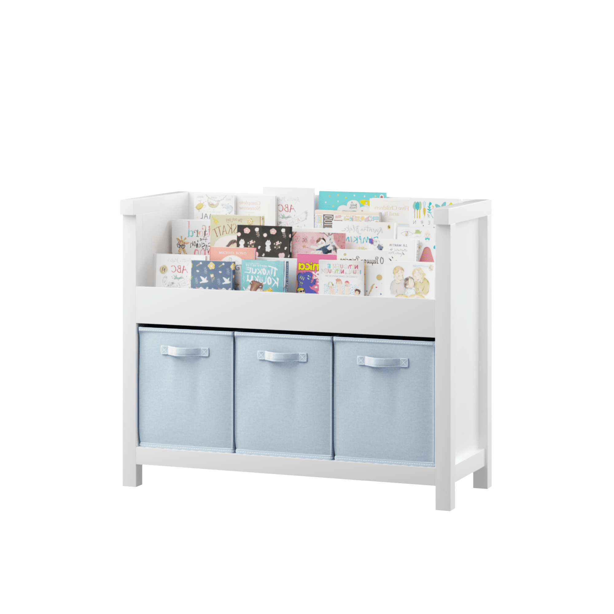 Yoneston Kids Bookshelf with 3 Fabric Storage Bins & 3 Tier Shelves, Wooden Book Rack with Solid Legs for Playroom Nursery Bedroom, White & Blue