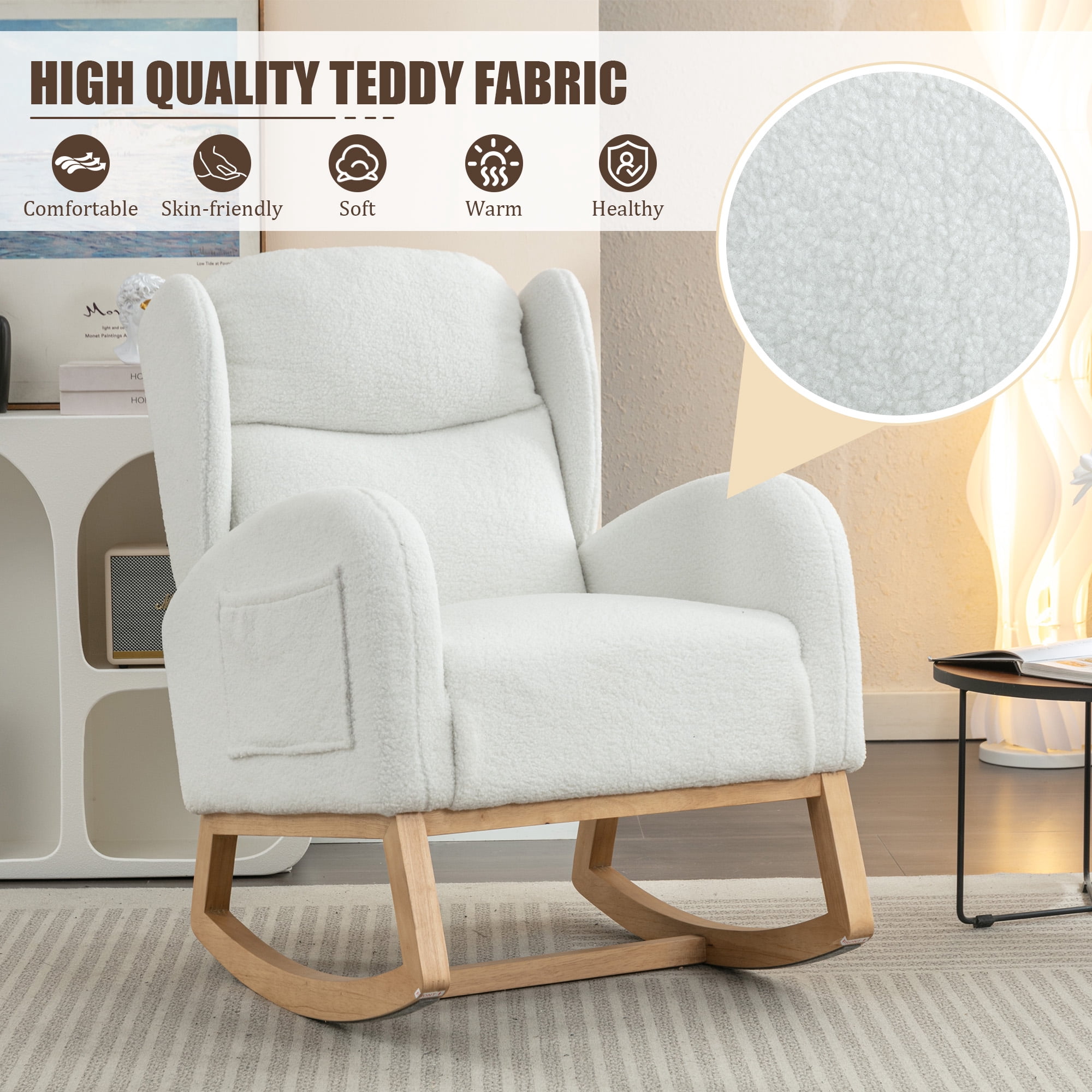 FFH Rocking Chair for Nursery, Teddy Glider Rocker, Reading Chair, Accent Chair, Ivory