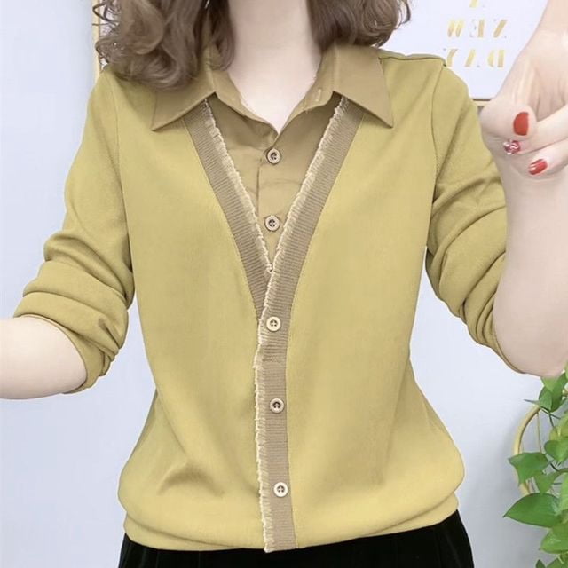 Fashion Simplicity Solid Color Fake Two Pieces Tops Women‘s Clothing Spring Button Spliced All-match Polo-Neck T-shirt Female