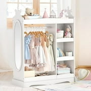 Kids Dress Storage with Mirror, Kids Wardrobe with 3 Hooks, Kids Closet for Girls Boys, Open Hanging Armoire Costume Organizer for Bedroom, Preschool, Classroom, White