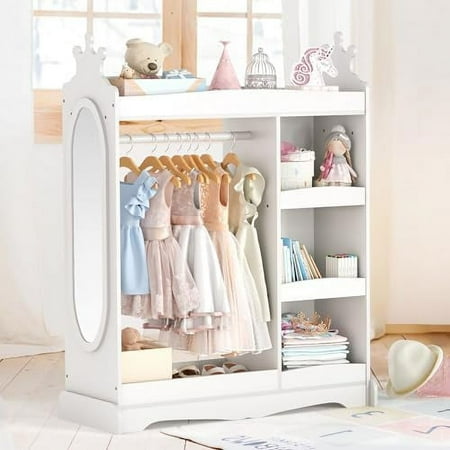 Kids Dress Storage with Mirror, Kids Wardrobe with 3 Hooks, Kids Closet for Girls Boys, Open Hanging Armoire Costume Organizer for Bedroom, Preschool, Classroom, White