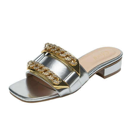 

CLZOUD Sandals Women Fashion Silver Summer Fashion Thick Heel Casual Metal Chain Slippers Outdoor Square Toe Plus Size Beach Sandals Chic Women Shoes 38