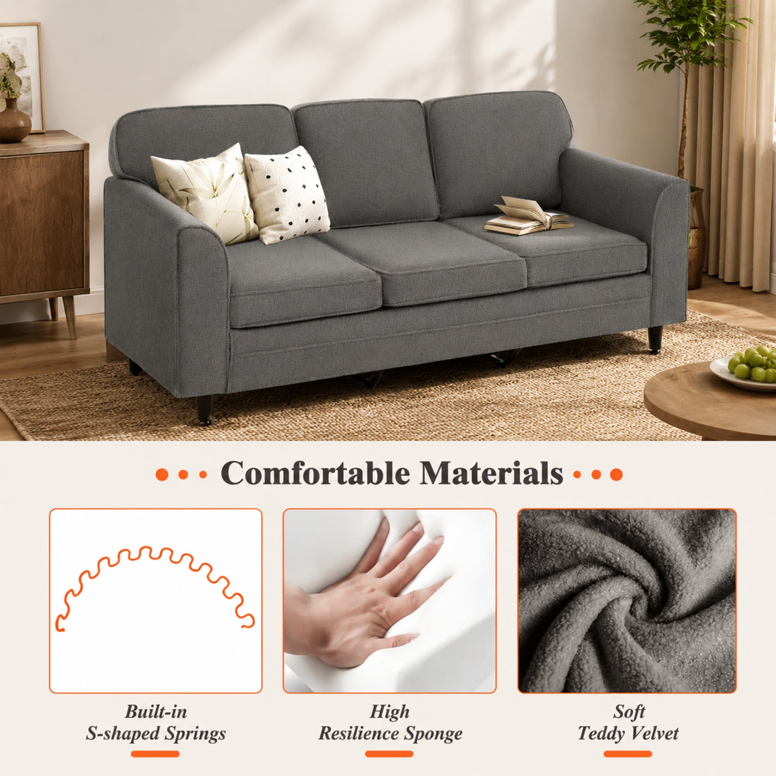 Furnibear Upholstered Teddy Velvet 3-Seat Sofa with Comfy Back Pillows for Living Room Apartment Lounge Family Room Home Seating, Gray