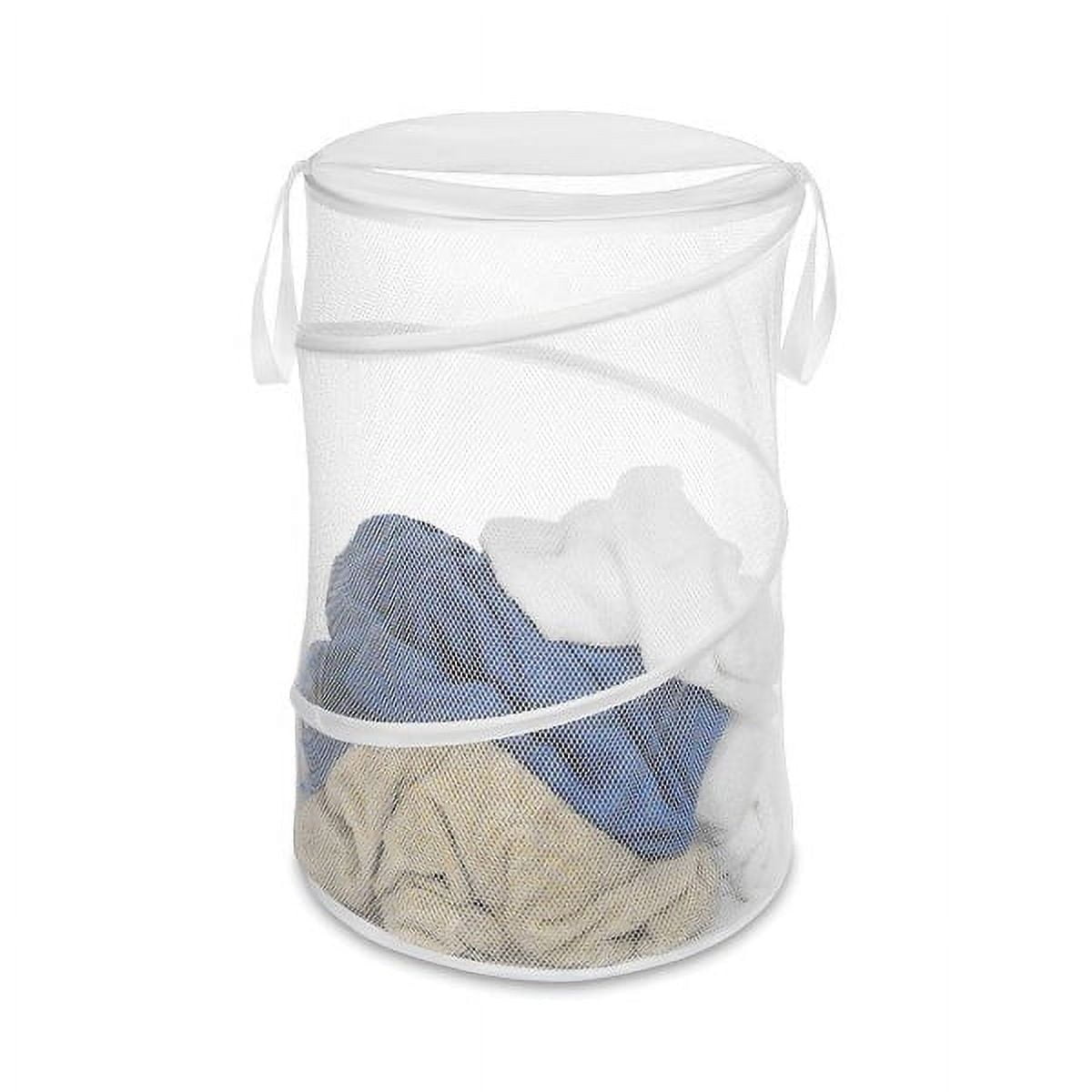 Collapsible Round Popup Laundry Hamper, White Foldable Mesh Laundry Basket with Reinforced Carry Handles Solid Bottom