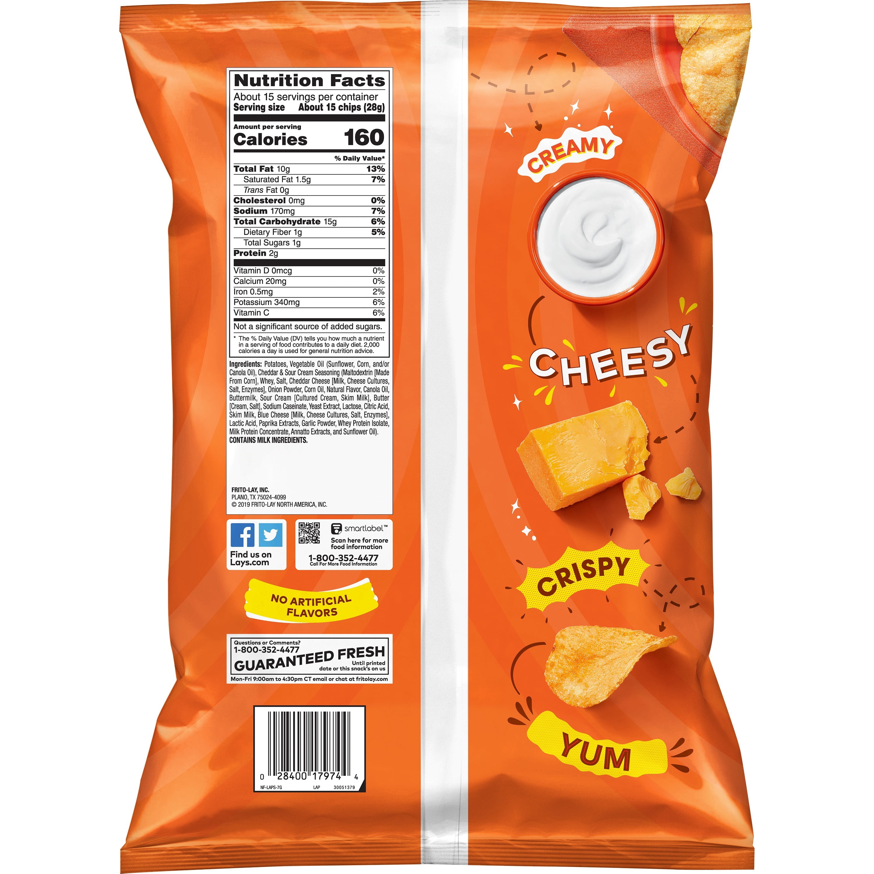 Lay's Potato Chips, Cheddar & Sour Cream Flavor, 14.75 oz Bag