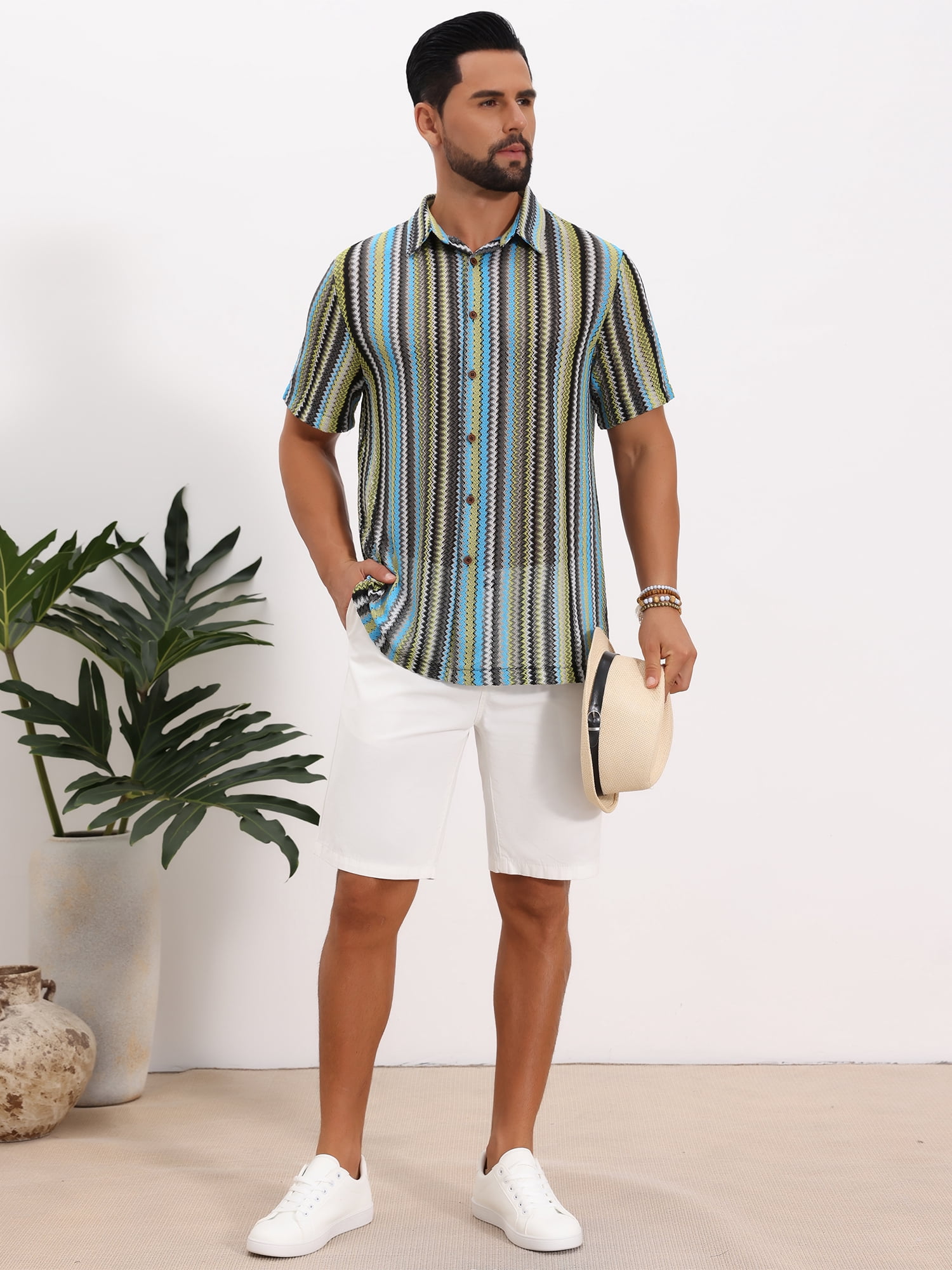 DARING DIVA Men's Striped Short Sleeve Button Down See Through Shirts XL Blue Green