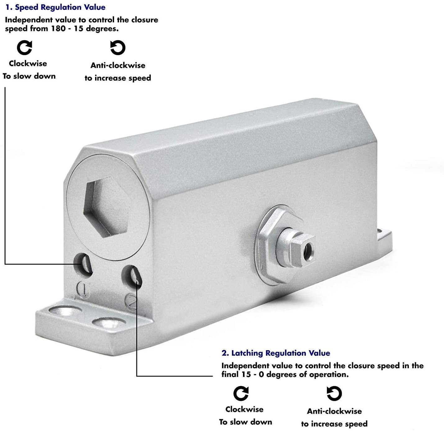 FortStrong FS-1306 Grade 3 Spring Hydraulic Door Closer with Mounting Hardware, Adjustable, Automatic, Silver