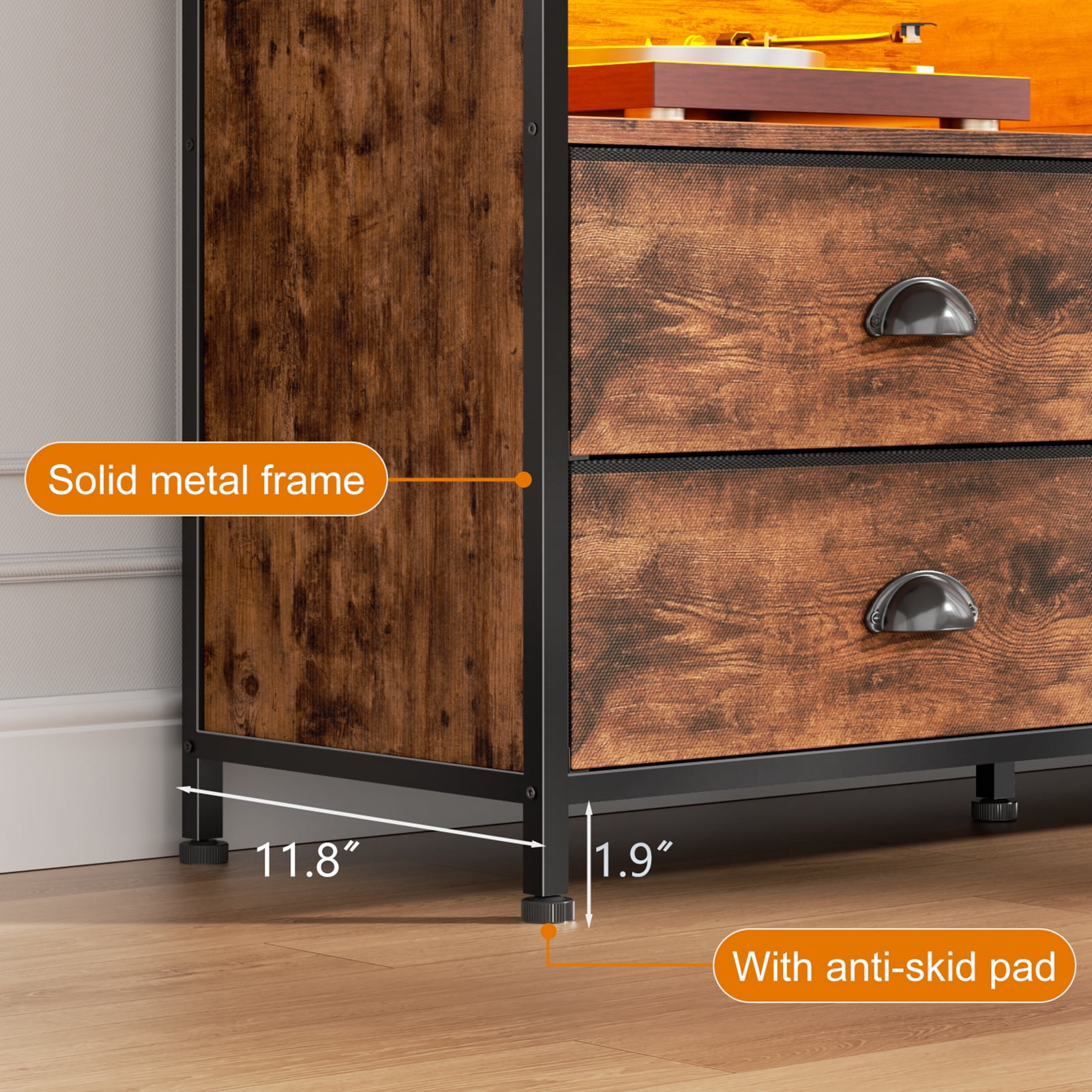 Tydimor 6-Drawer Fabric Dresser with LED Lights & Outlet, TV Stand with 3 Open Compartments, Metal Frame Anti-Tip Design, Fits 32"-70" TVs, Rustic Brown (63")