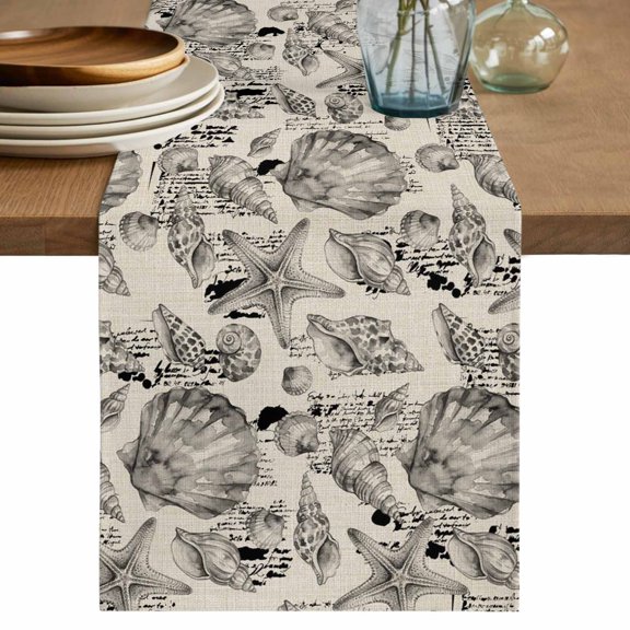 Coastal Seashell Table Runner, Summer Nautical Gray Shell Starfish Beige Hampton Style Cotton Linen Table Cloth, Tablerunner for Kitchen Dining Party Wedding Home Decor 14x72 Inch