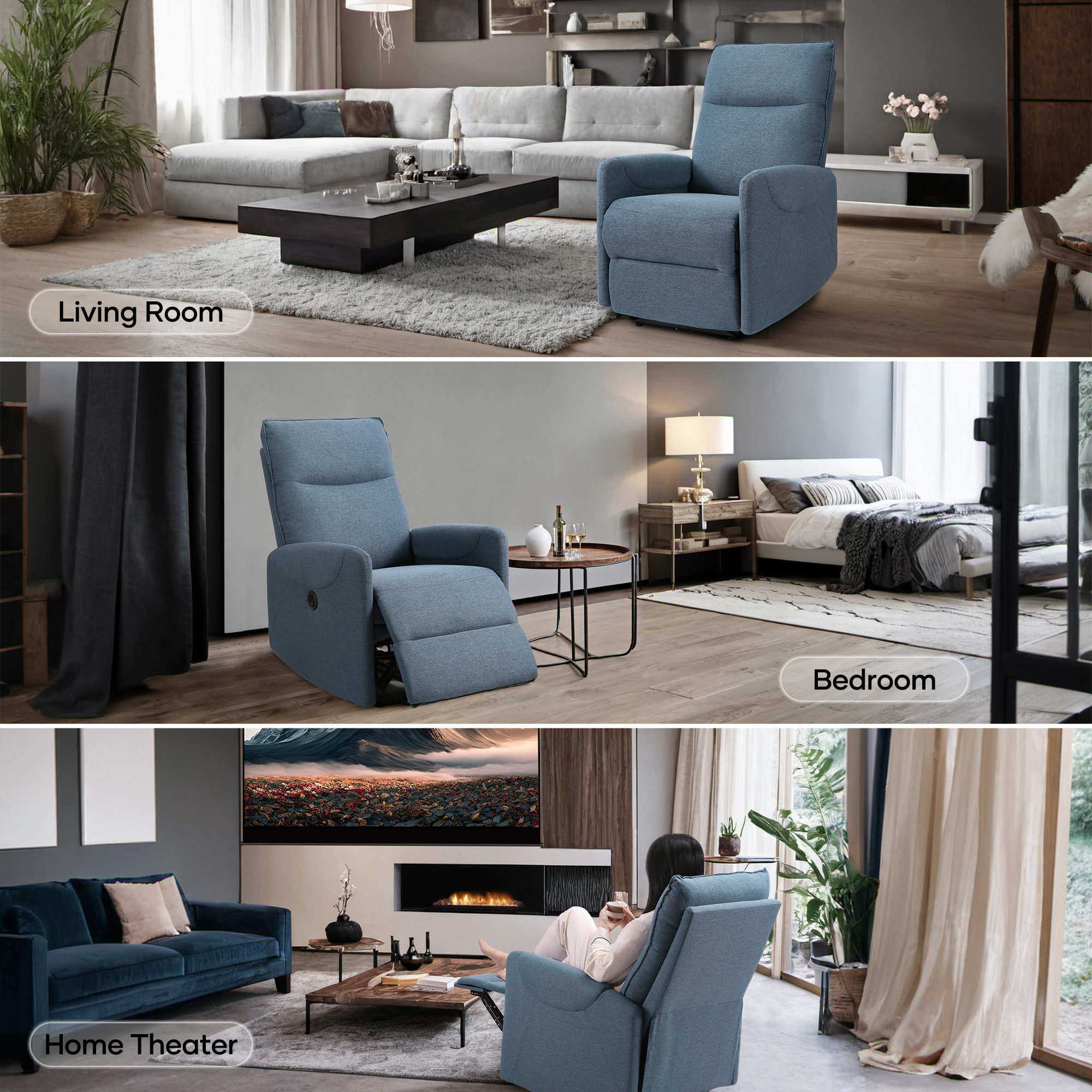 MARNUR Electric Recliner Chair with USB Charge Port, Weight Capacity 360lb, One Button Free Control Angle, Fluffy Plush Backrest, Linen, Blue