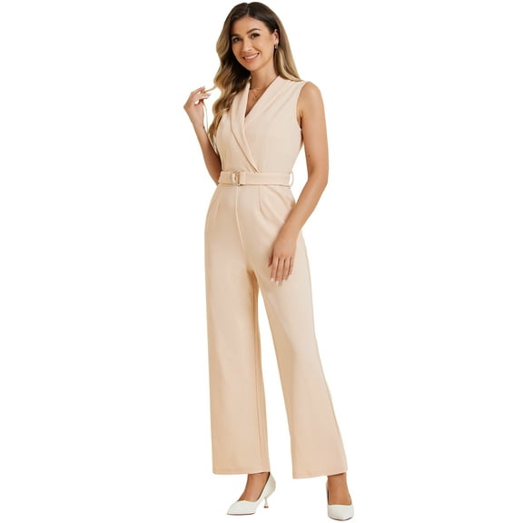 DARING DIVA Women's Casual Sleeveless Shawl Collar Office Jumpsuit XS Beige