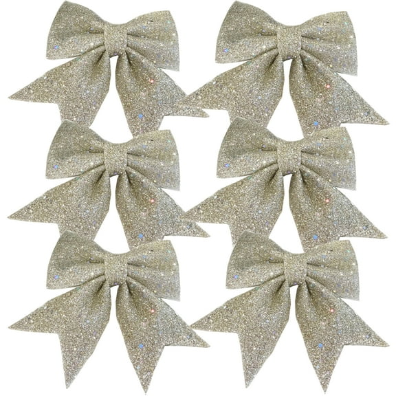 6pcs Christmas Bow Decorations, Champagne Wreaths Bows, Small Christmas Tree Bow Sequin Bow Ties, Xmas Decorative Bows Ornaments for Home Christmas Party