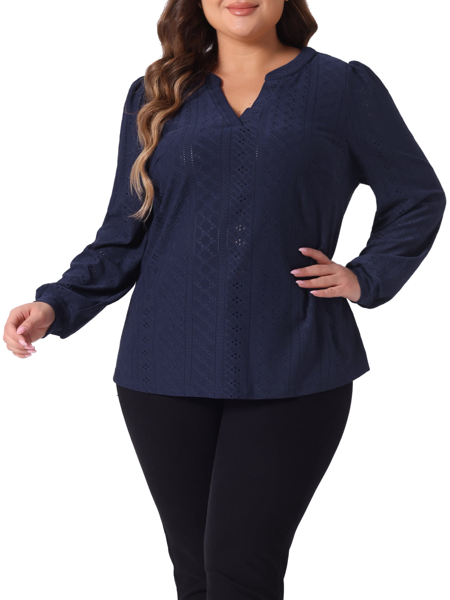 DARING DIVA Women's Plus Women's V Neck Long Sleeve Hollow Blouse 4X Navy Blue