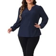 thumbnail image 2 of DARING DIVA Women's Plus Women's V Neck Long Sleeve Hollow Blouse 1X Navy Blue, 2 of 6