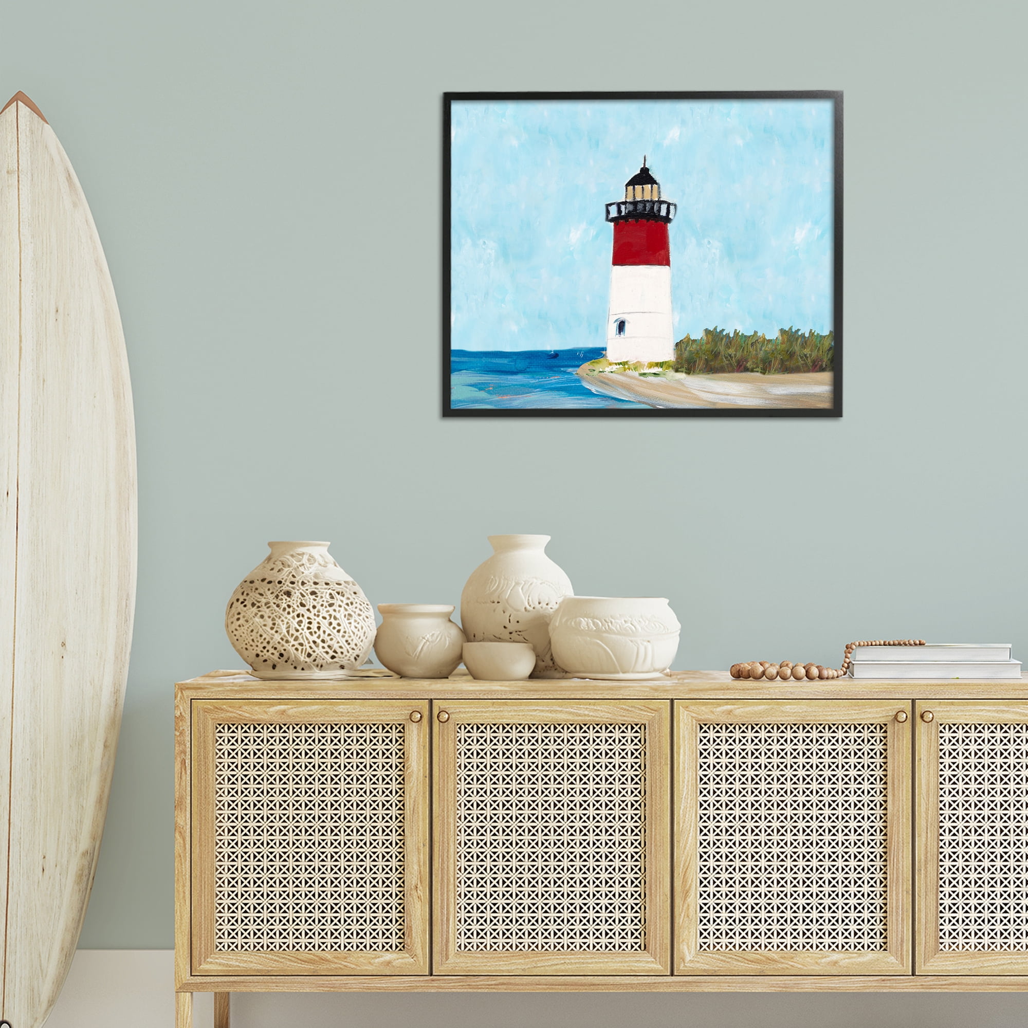 Stupell Industries Coastal Lighthouse on Blue Coastal Painting Black Framed Art Print Wall Art, 30 x 24