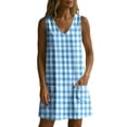 thumbnail image 6 of Women's Gingham Plaid Sleeveless Tunic Dress V Neck Loose Shift Mini Dress with Pockets Comfy Lounge Outfits Summer Beach Sundress Blue, 6 of 7