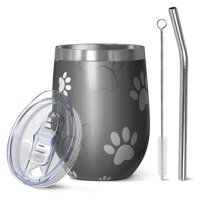 12oz Stemless Wine Tumblers Grey Dog Paw Footprint Vacuum Insulated Stainless Steel Travel Tumbler Cups Mug with Lid and Straw for Champaign,Cocktail,Beer with Cleaning Brush