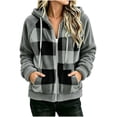 thumbnail image 6 of QIYAGBSA Plaid Jackets for Women Hooded Full Zip Sherpa Fleece Color Block Long Sleeve with Patch Pockets Warm Winter Coats Fall Layer, 6 of 7