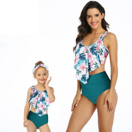 LYMAYTER Mother and Daughter Swimsuits Mommy and Me Family Matching Swimwear Ruffle Bikini Set Women High Waist Bathing Suit