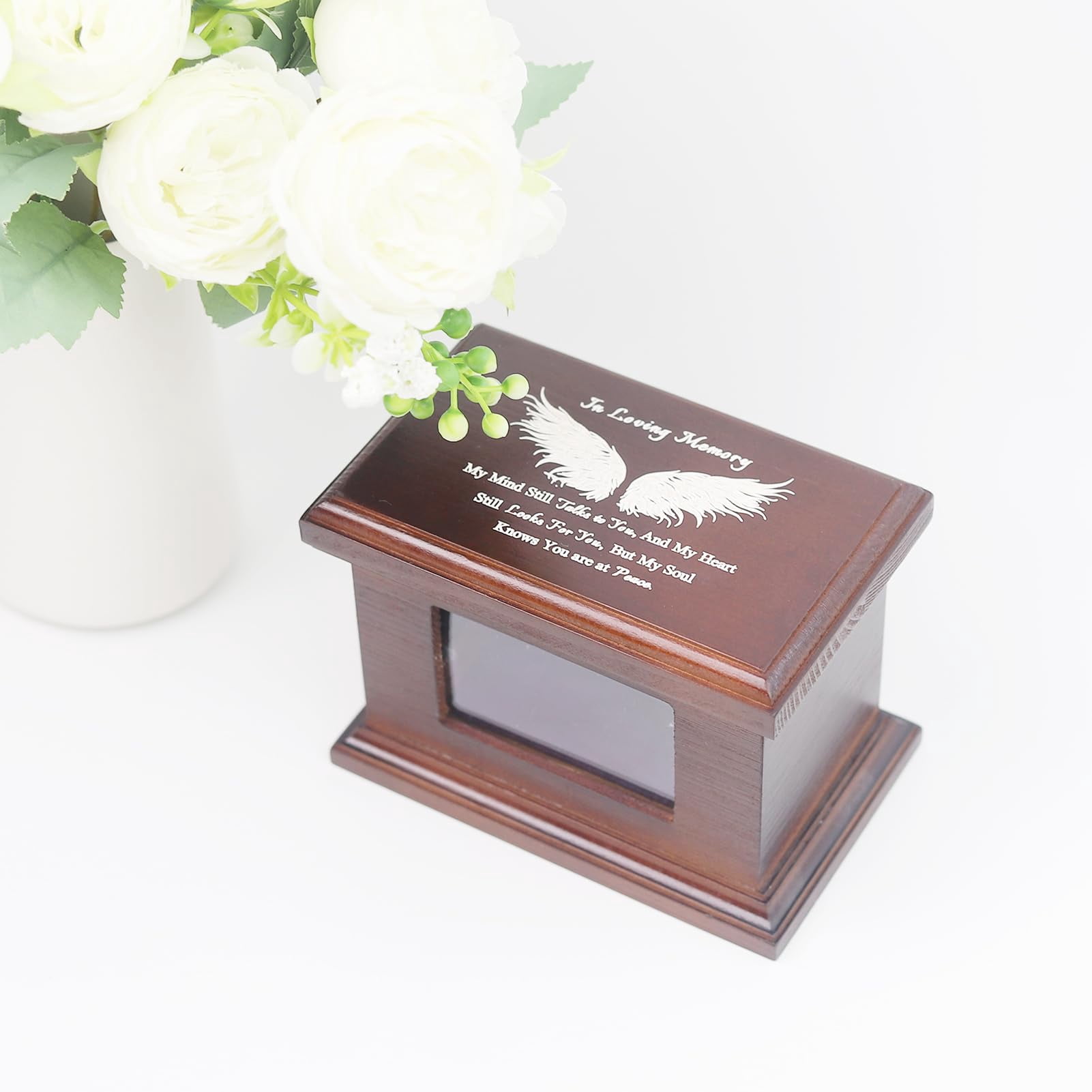 6 Inches Small Wood Urns for Ashes, Funeral Memorial Urns with Photo Frame, Small Urns Keepsake Wooden Urns Box and Casket, Picture Frame Keepsakes Urns for Human/Pet Ashes-Wing