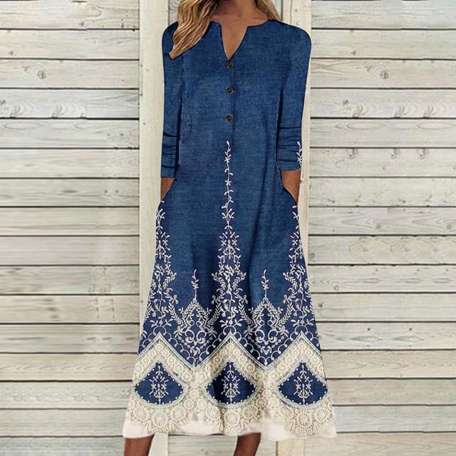 Babysbule Mode Femmes Robes d'Automne Mode Femmes Décontracté Élégant Col Rond Imprimé Été Manches Longues Poches Robe