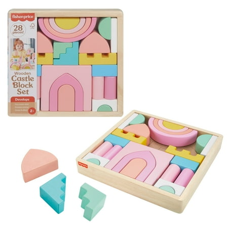 Fisher-Price Wooden Pink Castle Building Block Set, Stacking Pretend Play for Toddlers 2 , 28 Pieces