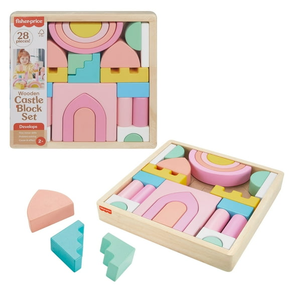 Fisher-Price Wooden Pink Castle Building Block Set, Stacking Pretend Play for Toddlers 2 , 28 Pieces