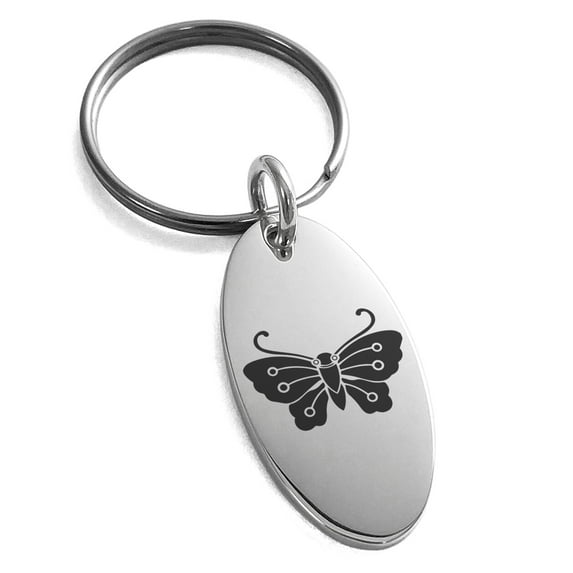 Stainless Steel Kawari Kocho Butterfly Kamon Crest Engraved Small Oval Charm Keychain Keyring