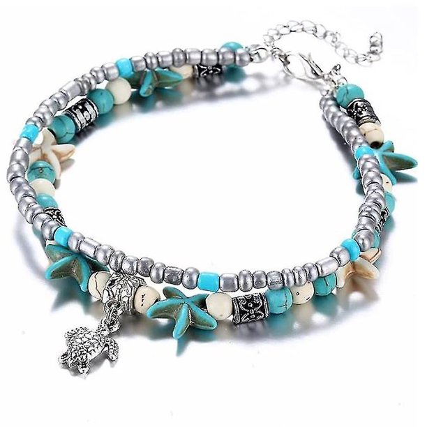 Boho, conchas, estrellas de mar, tortugas, tobilleras, pulseras tejidas para tobillos, cuentas, playa Joyas de verano ajustables para pies para mujeres y niñas (blanco) Blanco -