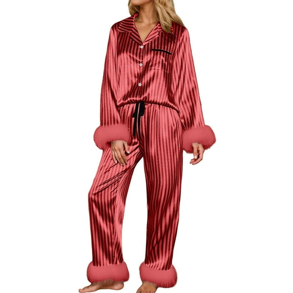 Telankuip Womens Christmas Pajamas Soft Satin Silk Fuzzy Trim 2 Piece Button down Loungewear Sets Trendy Striped Soft Comfort Lightweight Funny Xmas Graphic Pjs Set Red XL