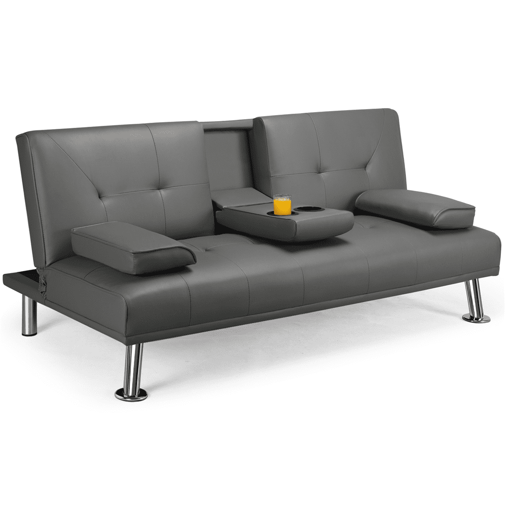 Modern PU Leather Sofa Bed Futon Durable Black With Cup Holders & Pillows 